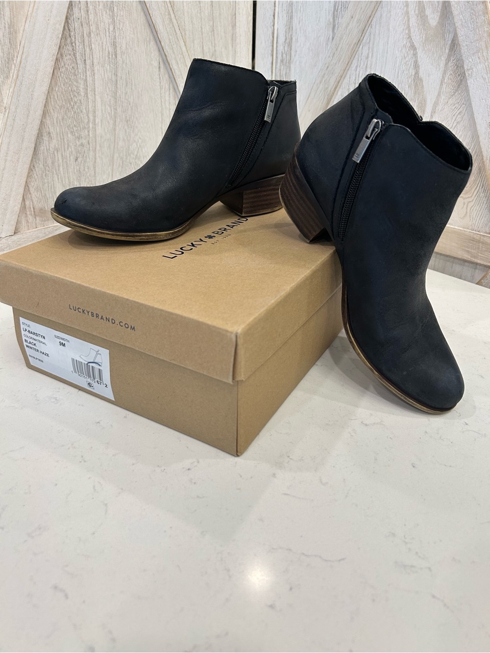 Lucky Brand Black Ankle Booties with Side Zip and Stacked Heel